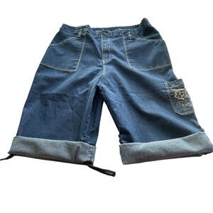 WHITE STAG Roll Tab Denim Bermuda To Cuffed Shorts Embroidered Pocket Women’s 10